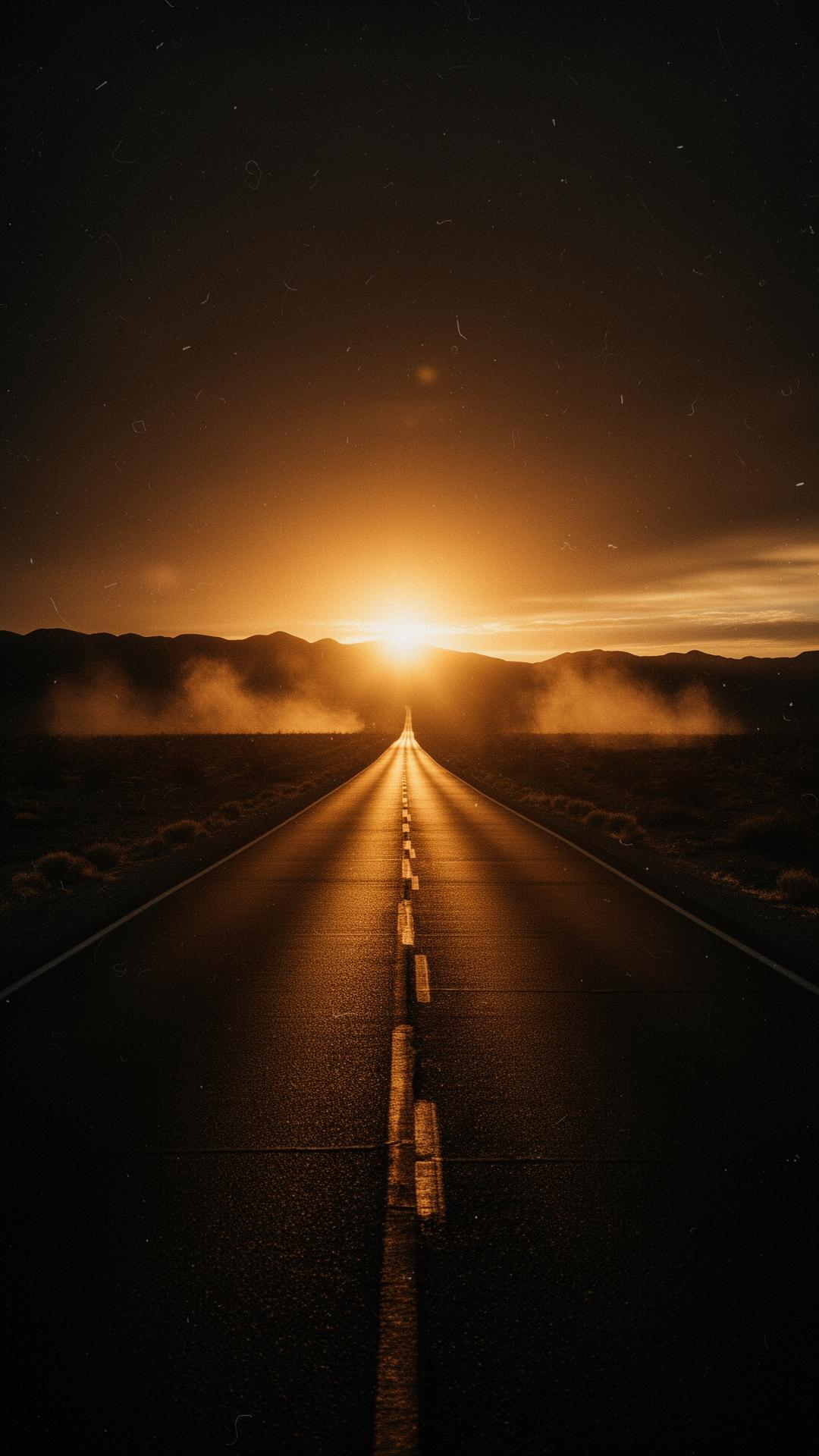 Estrada deserta ao pôr do sol